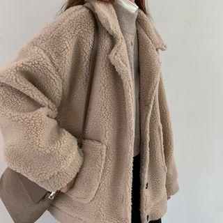 Collared Single-breasted Fleece Jacket Almond - One Size