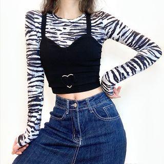 Long-sleeve Zebra Print Top / Spaghetti Strap Top