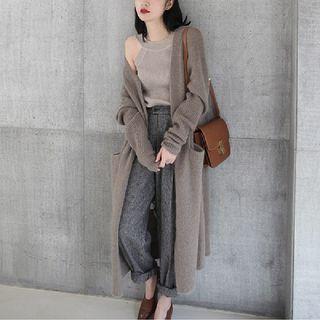 Side Pocket Open-front Knit Long Cardigan