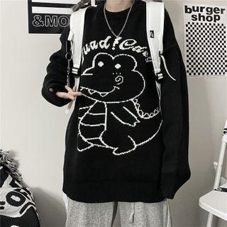 Lettering Cartoon Dinosaur Round Neck Sweater