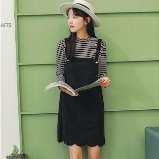Set: Long-sleeve Striped T-shirt + Scallop Hem Pinafore Dress