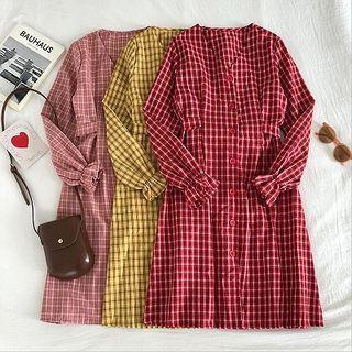 Color-block Plaid V-neck Single-breasted Long-sleeve Dress