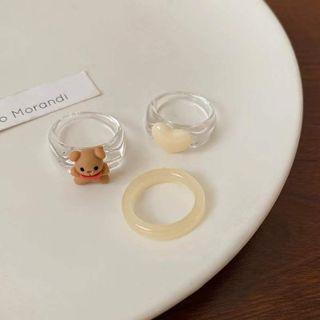 Set Of 3: Bear / Heart / Alloy Open Ring Set Of 3 - Bear - Brown - One Size