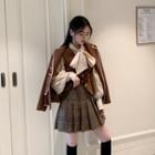 Color-block Slim-fit Blazer / Plaid Pleated Skirt
