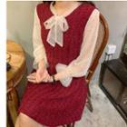 3/4-sleeve Mesh Panel Dress Red - One Size