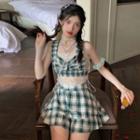 Lace Camisole Top / Ruffled Plaid Camisole Top / A-line Skirt / Set