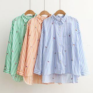 Single-breasted Dolman-sleeve Floral Embroidered Long-sleeved Open-front Loose-fit Collared Striped Blouse
