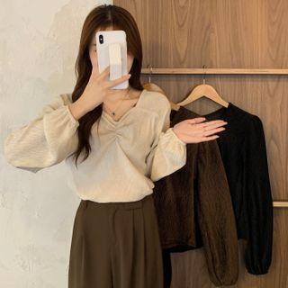 Long-sleeve V-neck Plain Shirred Top