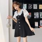 Short-sleeve Paneled Lace Collar A-line Mini Dress