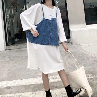 3/4-sleeve T-shirt Dress / Spaghetti-strap Asymmetrical Denim Top