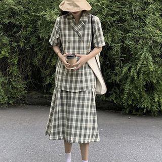 Plaid Double Breasted Short Blazer / Plaid Loose-fit Midi Skirt