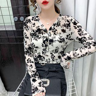 Long-sleeve V-neck Floral Mesh Top