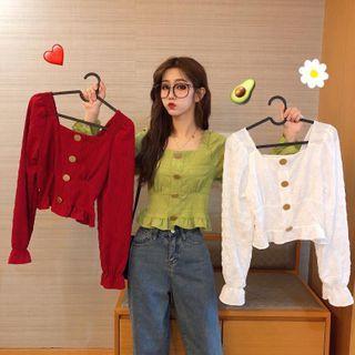 Square Collar Ruffle Buttoned Cropped Top