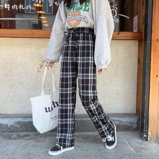 Plaid Straight Fit Pants Plaid - Black - One Size