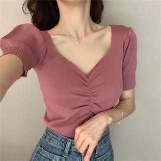 V Collar Puff-sleeved Knit Top