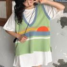 Crew-neck Elbow-sleeve T-shirt / Striped V-neck Tank Top
