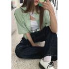 Elbow-sleeve Fray-hem Cropped Shirt