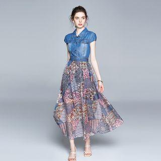 Denim Panel Print Maxi A-line Dress