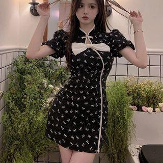 Puff-sleeve Floral Bow Accent Mini Sheath Dress
