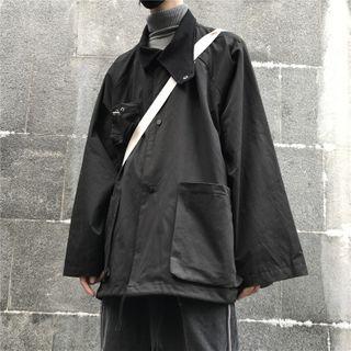 Plain Drawstring Hem Snap Button Jacket