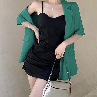 Short-sleeve Double-breasted Blazer / Spaghetti Strap Mini Sheath Dress