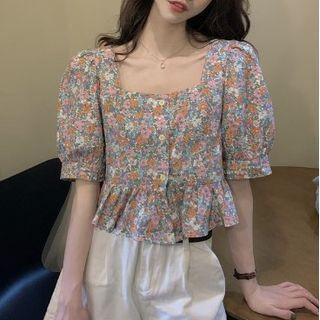 Short-sleeve Floral Print Crop Top Floral - White - One Size