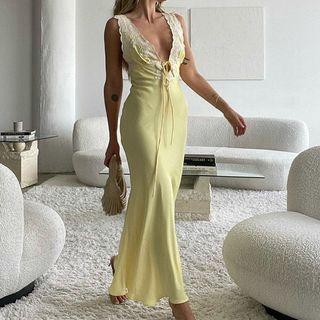 Sleeveless Lace-panel V-neck Tie-front Open-back Midi Bodycon Dress