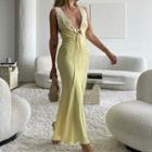 Sleeveless Lace-panel V-neck Tie-front Open-back Midi Bodycon Dress