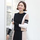 Color-block Ribbed-sleeve Knit Top