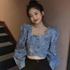 Floral Square Neck Cropped Blouse As Shown In Figure - One Size