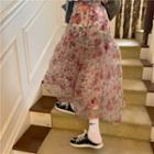 Short-sleeve Lettering T-shirt / Floral Print Midi Mesh Skirt