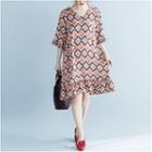 Patterned Elbow-sleeve Ruffle Trim Shift Dress As Shown In Figure - One Size