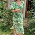Puff-sleeve Flower Print Midi A-line Dress Green - One Size