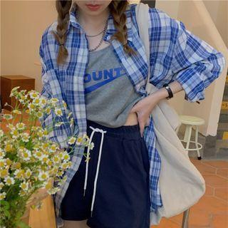 Long-sleeve Plaid Shirt Shirt - Blue - One Size