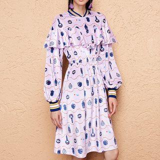 Long-sleeve Ruffle-trim Print A-line Dress