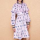 Long-sleeve Ruffle-trim Print A-line Dress
