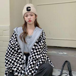 Mock Two-piece Checker Oversized Hooded Jacket Black & White - One Size