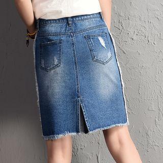 Front-slit Fray Denim Skirt