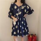 Long-sleeve Floral A-line Mini Dress Blue - One Size