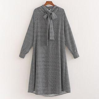 Houndstooth Bow Neck Long-sleeve A-line Dress