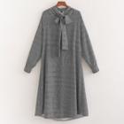 Houndstooth Bow Neck Long-sleeve A-line Dress