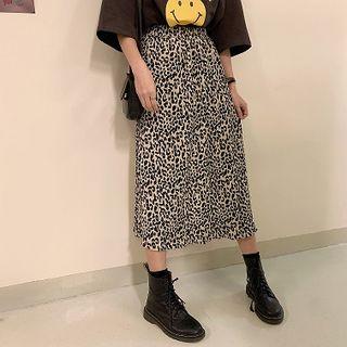 Leopard Print Midi A-line Skirt Leopard - Almond - One Size