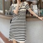 Short-sleeve Polo-neck Striped Mini Dress Stripes - Beige & Black - One Size