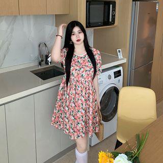 Short-sleeve Floral Print Smock Dress / Eyelet Lace Overall Dress