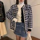 Mock-neck Long-sleeve Top / Heart Print Sweater Vest / A-line Denim Skirt / Plaid Button-up Jacket