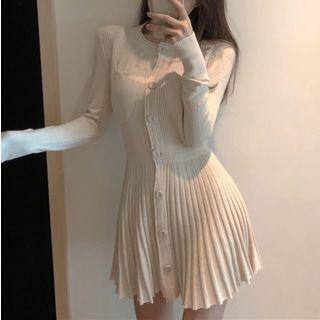 Long-sleeve Buttoned Mini A-line Knit Dress Almond - One Size