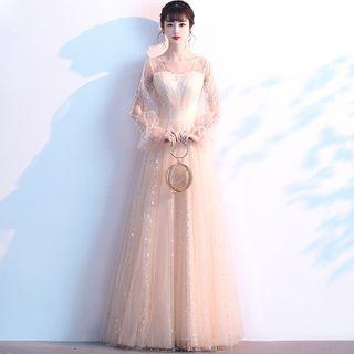 Long-sleeve Glitter A-line Mesh Gown