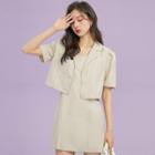 Set: Short-sleeve Single-breasted Blazer + Spaghetti Strap Mini Sheath Dress