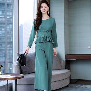 Set: Long-sleeve Lace-up Waist Top + Wide-leg Pants
