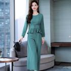 Set: Long-sleeve Lace-up Waist Top + Wide-leg Pants